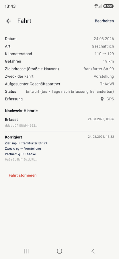 Spurando für Android — Nachweis-Historie
