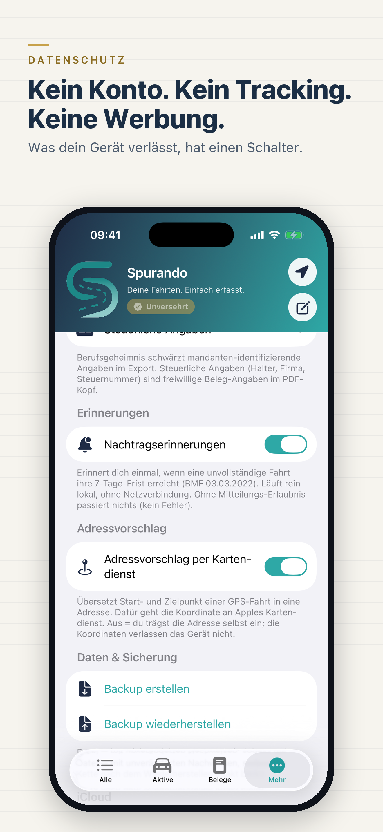 Datenschutz — kein Konto, kein Tracking, keine Werbung