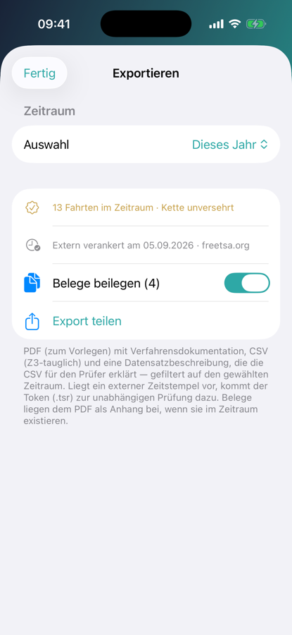 Spurando — Export für die Betriebsprüfung